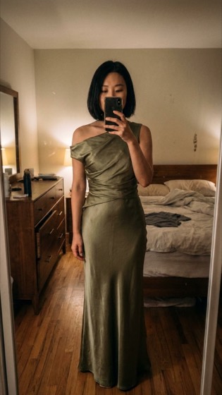The same volunteer shown wearing the olive Auria dress, generated by Bridesmaids