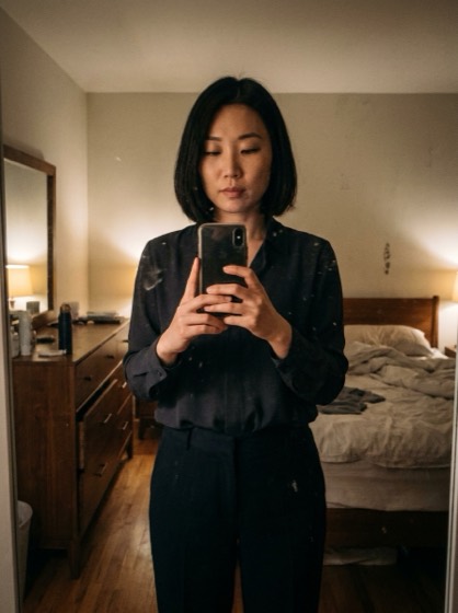 A volunteer’s casual mirror selfie in everyday clothes