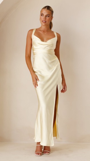 Zendaya maxi dress in yellow, worn by a model
