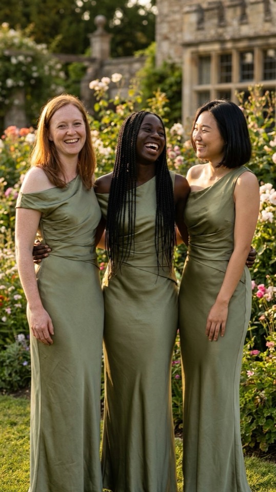 Three bridesmaids in matching olive dresses laughing together in a garden — a group scene generated by Bridesmaids